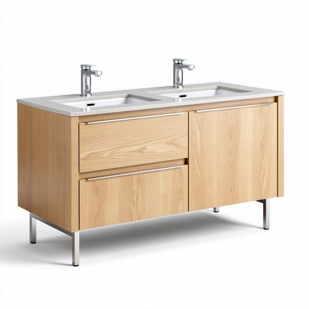 Double sink bathroom vanity in oak finish - 90 x 45 x 85cm